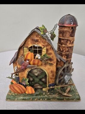 Vtg Fall Harvest Thanksgiving 3D Tin Barn Tea Light Candle Holder Lantern Decor
